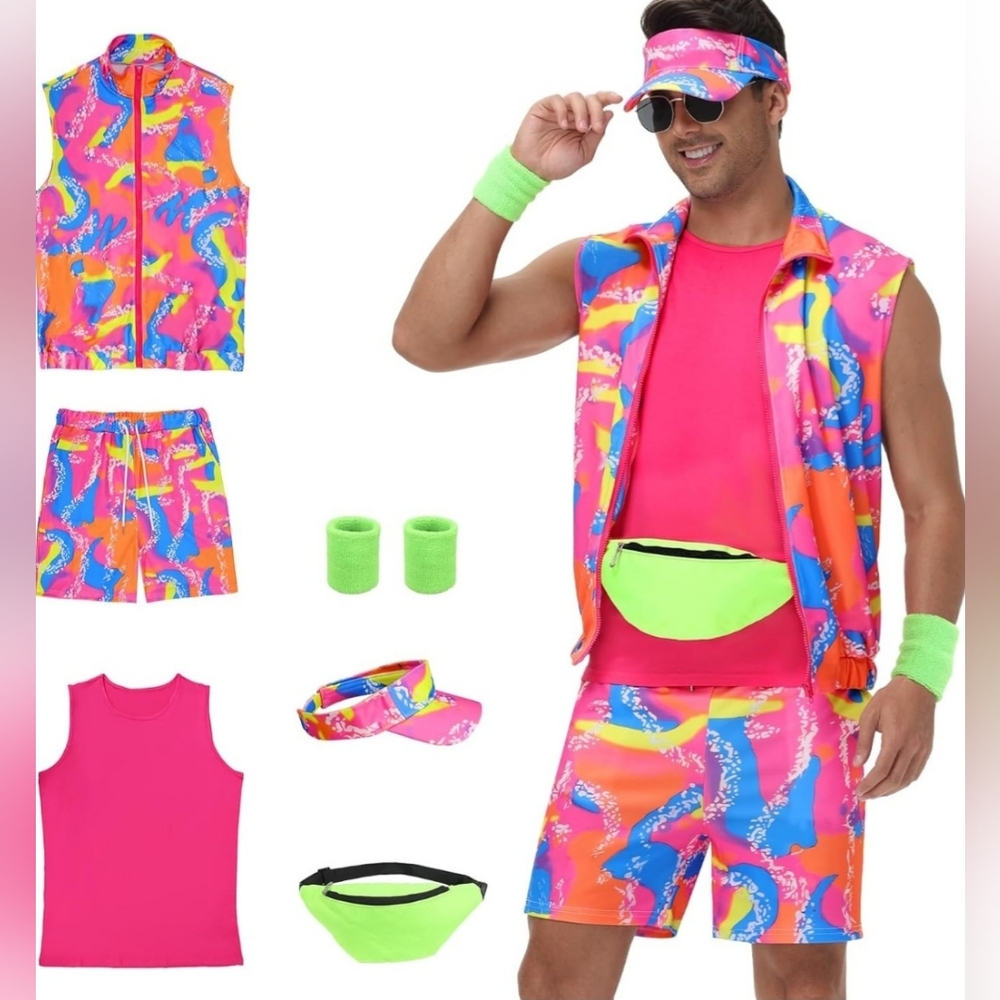 Neon Pink & Multicolor Men's Athletic Shorts - Retro 80s Workout Set